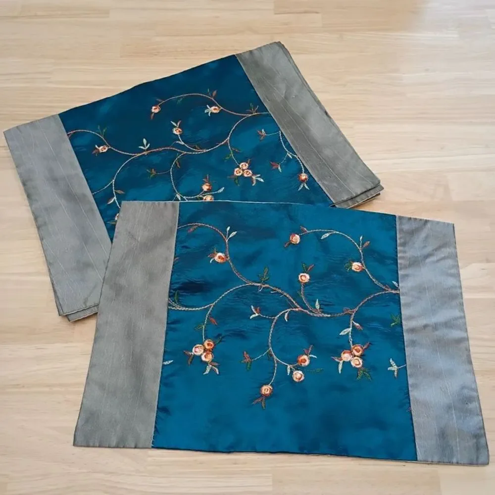 Set of 6 Royal Blue Fabric Placemat Toppers Floral Branch Embroidery
